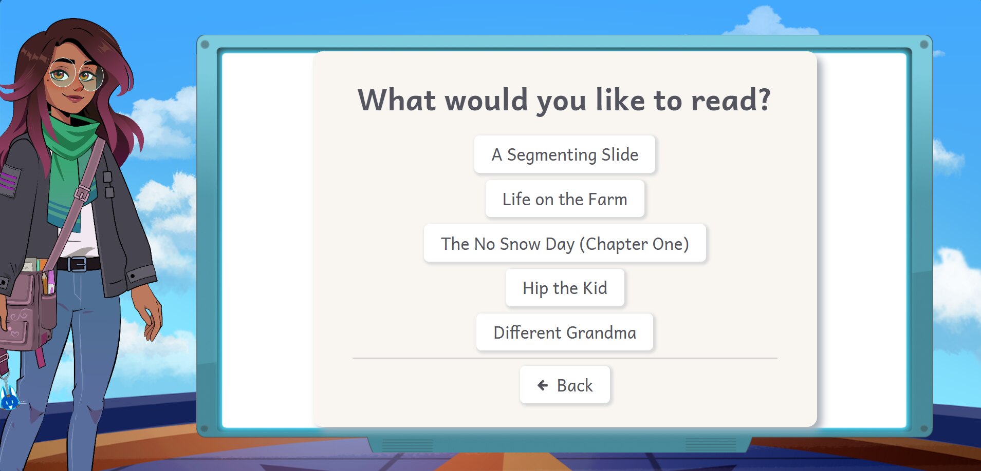 Illustration of a classroom setting with a large screen displaying the question ‘Which story would you like to read?’ followed by a list of options: Lucy and Tina – Four Ears and a Tail (Part 1), Fourth and Goal (Part 1), Bumblebees, Omar And The Camel (Part 1), and Granny Smith’s Disappearing Apples (Part 1).