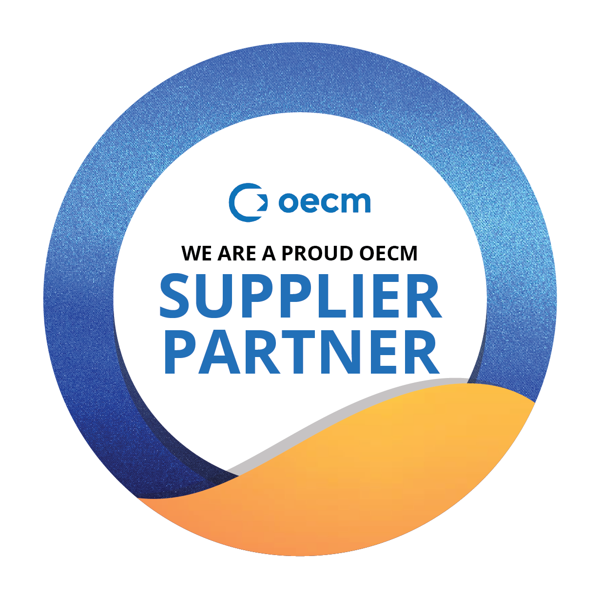 Circular badge with a blue gradient ring and an orange wave at the bottom. Inside the circle, the text reads ‘We are a proud OECM Supplier Partner’ with the OECM logo above the text.