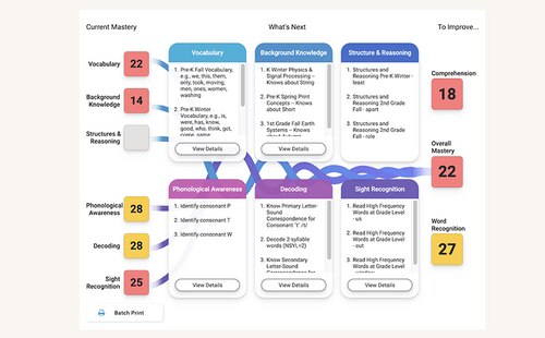 Dashboard showing a mastery progress chart divided into three sections: Current Mastery, What’s Next, and To Improve. Current Mastery lists Vocabulary (22), Background Knowledge (14), Structures & Reasoning (22), Phonological Awareness (28), Decoding (28), and Sight Recognition (28). What’s Next includes detailed skill steps under categories like Vocabulary, Background Knowledge, Structures & Reasoning, Phonological Awareness, Decoding, and Sight Recognition. To Improve lists Comprehension (18), Overall Mastery (22), and Word Recognition (27).