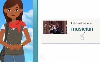 Screen displaying a reading prompt with the text ‘Let’s read the… musician’ alongside a small image of a person playing a trumpet.