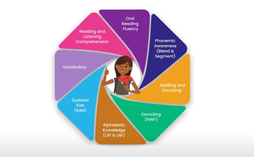Colorful circular diagram divided into segments labeled: Reading and Listening Comprehension, Oral Reading Fluency, Phonemic Awareness (Blend & Segment), Spelling and Encoding, Decoding (NWF), Alphabetic Knowledge (LSF & LNF), Dyslexia Risk (RAN), and Vocabulary.