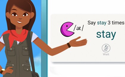 Screen showing the text ‘Say stay st…’ with a phonics symbol and pronunciation guide next to the word ‘stay.’