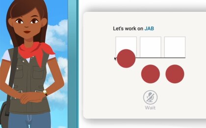 Screen displaying the text ‘Let’s work on JAB’ with three empty boxes and three red circles below, representing phoneme segmentation for the word ‘JAB.’