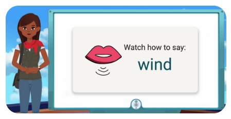 Illustration of a classroom screen displaying the phrase ‘Watch how to say: wind.’ Below the text is an icon of lips with sound waves, indicating pronunciation guidance.