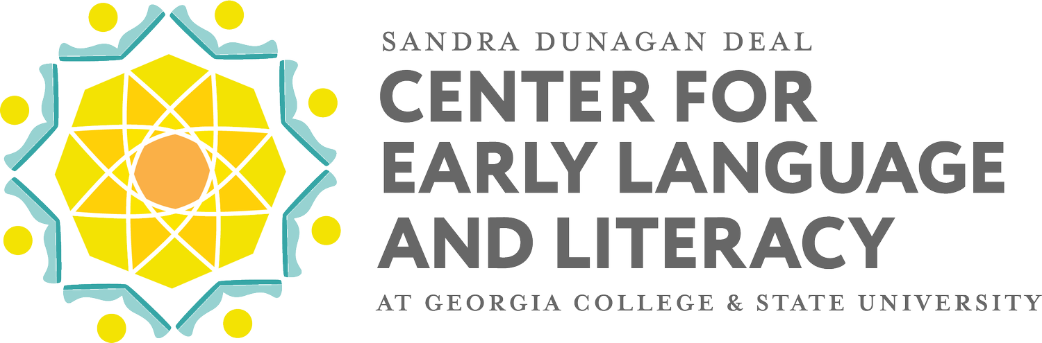Logo for the Sandra Dunagan Deal Center for Early Language and Literacy at Georgia College & State University. The design features a yellow geometric flower-like shape with green accents and small yellow circles around it, positioned to the left of the text.